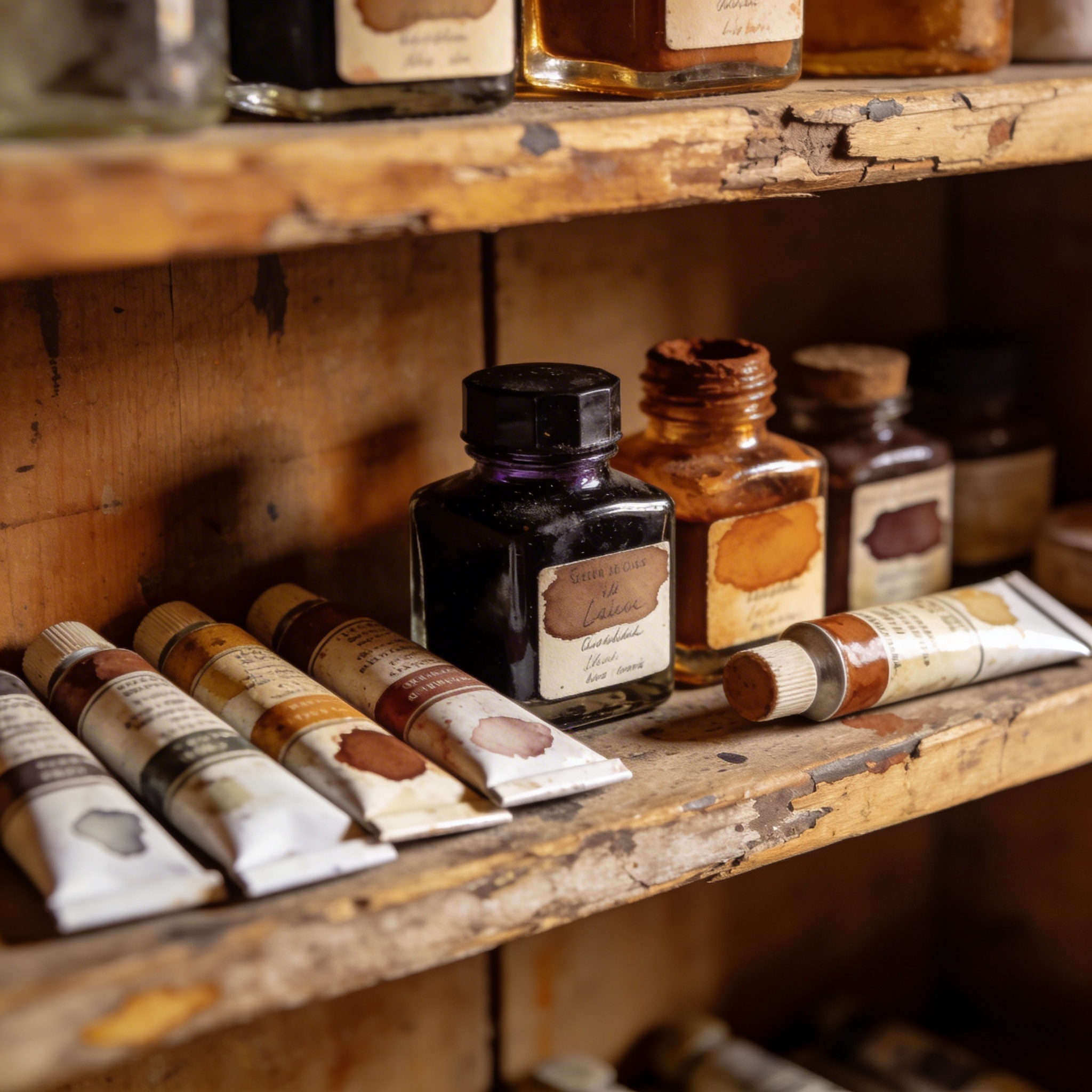 Ink bottles and pigments on shelf